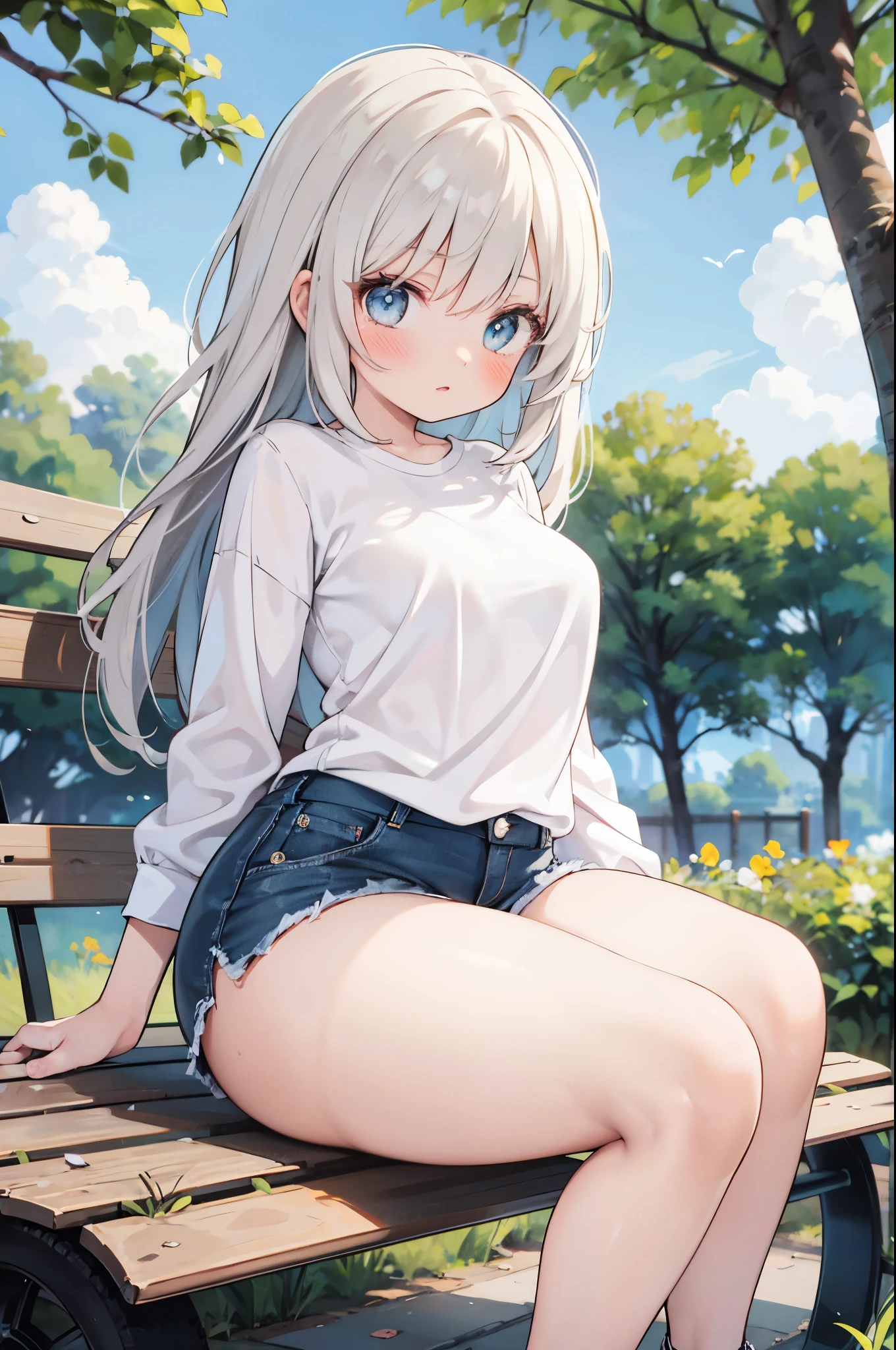 realistic image, coherent image, detailed image, 1 girl, , has white hair, long hair, light blue eyes, her face is oval and delicate, blushing, she is wearing a large t-shirt, jean mini shorts, moccasin sneakers, small breasts, curvy body, thick thighs, has an arched back, sitting on a bench, surrounded by trees, at the bottom of a park,