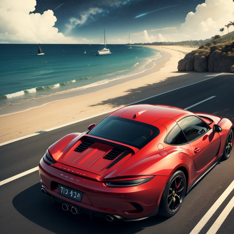 ((An illustration、flat design、print、Ukiyo-e)), (Bright red convertible Porsche),isometric, bright color vector, (Seaside city, Palm tree、boat at anchor、(Sea of night、starry skies、beach house、dark night))、You can see a big green suitcase on it..、car trip、Ichiban star、((close up of car))、paved roads、Ligneclair style、Cars and coast motifs、