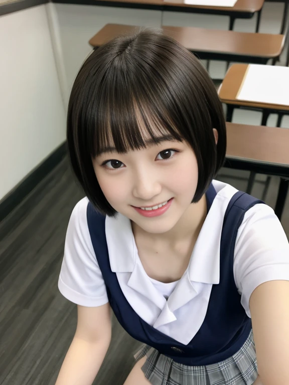 top-quality,masterpiece,Raw photography,8K,Top image quality,hight resolution, 18 years old Japanese female idol ,Beautuful Women,cute Japanese girls, Pretty Woman ,Beautiful face in every detail, ,small head, seductive smile ,Realistic human skin, pale skin ,cut model , Short hair ,bowl cut ,skinny body , school uniform , leaning forward ,put left hand on, contrapposto, school uniform, arched back, look at viewer, face focus , face closeup ,from above , selfie, dimly lit, classroom