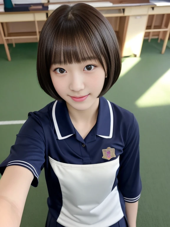 top-quality,masterpiece,Raw photography,8K,Top image quality,hight resolution, 18 years old Japanese female idol ,Beautuful Women,cute Japanese girls, Pretty Woman ,Beautiful face in every detail,  ,small head, seductive smile ,Realistic human skin, pale skin ,cut model , Short hair ,bowl cut ,skinny body , school uniform , leaning forward ,put left hand on, contrapposto, school uniform, arched back, look at viewer, face focus , face closeup ,from above , selfie, dimly lit, classroom