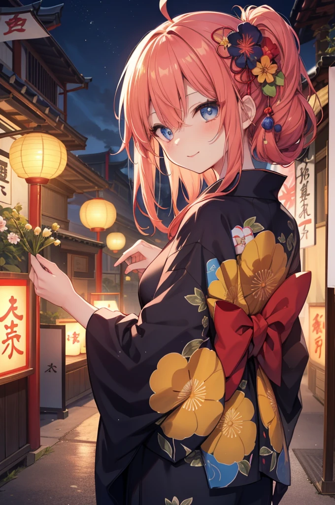 Satsuki Nakano, Itsuki Nakano, bangs, blue eyes, hair between eyes, Ahoge, redhead, star \(symbol\), hair ornaments, star hair ornaments,tying back hair,Red floral pattern yukata,long skirt,smile,Zori sandals,A girl in a yukata enjoying a festival，japanese festival，Summer Festival Stalls、break the red lantern (masterpiece:1.2), highest quality, High resolution, unity 8k wallpaper, (figure:0.8), (beautiful and fine eyes:1.6), highly detailed face, perfect lighting, Very detailed CG, (perfect hands, perfect anatomy),