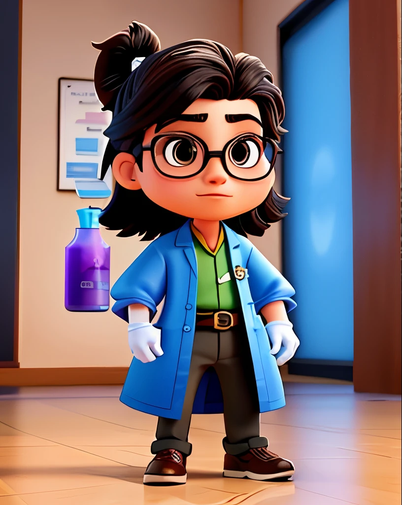 Disney-inspired 3D poster/pixar um jovem de cor pardo ,cabelo preto longo coque samurai de orelhas pequenas ,de corpo forte, fleshy-lipped,profession chemical laboratory analyst with lab coat and gloves doing physiochemical analysis 