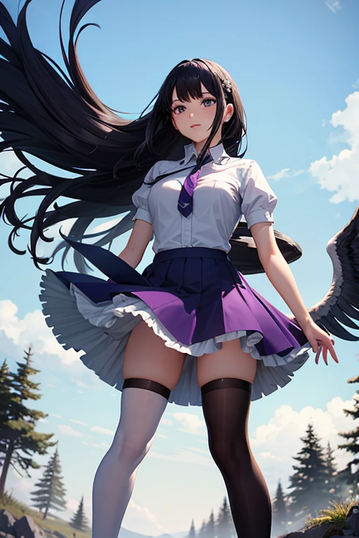 woman, black hair, purple feathers in hair, blue skirt, white thigh highs, standing in the wind, white evening gloves, hill, trees, wind blowing up skirt