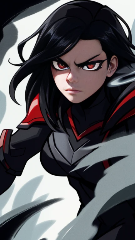 Masterpiece, highest quality, ultra detailed, conceptual art, illustration, digital art, solo, young pale hidden in the forest, surrounded by black smoke and ash (angry expression), long black hair, red irises, black armor with silver accents, incredibly beautiful, beautiful eyes, dynamic pose, ready for battle stance, elegant pose, fire, red volcanic ash, black volumetric dense smoke, obsidian theme, HDR, bloom, moody, dimming of illumination, lit from the background, cinematic lighting, soft lighting, natural lighting, dramatic lighting, dark and mysterious, intricate, very detailed, trending on ArtStation