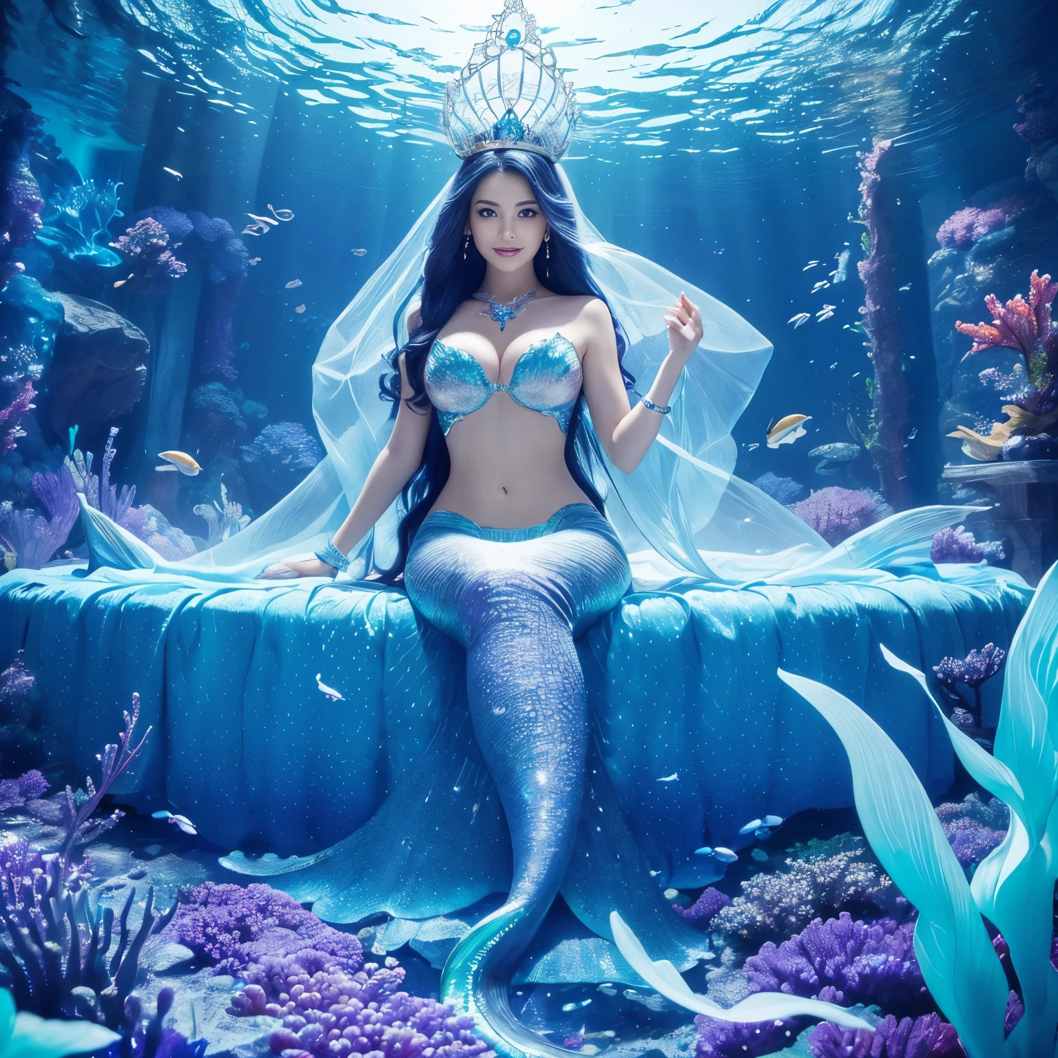 (highest quality、table top、8K、best image quality、hyper realism)、(The most extravagant and extravagant mermaid goddess:1.2)、(The most extravagant and gorgeous mermaid princess:1.2)、(The most realistic and perfect mermaid tail and scales:1.2)、(The most realistic and perfect mermaid tail:1.3)、(The most luxurious and finest transparent sleeve:1.1)、(Sitting on the most luxurious and high-end giant bed:1.25)、(upper body photo:1.1)、(The wall of the room is a huge high quality aquarium:1.2)、(A huge, highly detailed aquarium of the highest quality:1.3)、(Surrounded by a huge aquarium of the highest quality:1.2)、(Detailed depiction of the most beautiful gigantic aquarium that shines fantastically:1.2)、(Surrounded by the most luxurious and fantastical huge purple and blue aquarium:1.2)、(Huge aquarium with the most detailed depiction of marine life:1.2)、(Sparkling purple and blue、The most fantastic dome-shaped luxury princess room:1.2), (Glowing room made of the most magical purple and blue sparkling crystals:1.3)、(There are many beautiful corals and shells in the room.)、(the best smile when you look at me:1.2)、Wavy brown hair、Complex, Finely shining scales、(Finest Huge Jewelry Decoration:1.1)、The most gorgeous luxury princess costume、the most luxurious decoration、全身にComplex宝石が施されている、Please describe her face in detail、Giant tiara、Clear and detailed background、(Everything is a fantastic and glittering background:1.1)、(accurate anatomy:1.1)、(The most luxurious and huge finest jewelry decoration:1.1)