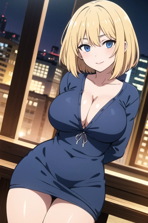 ((best quality)), (detailed), perfect face blonde girl with a slim body type with big breast in a seductive tone with cleavage and dolphin short. And she is bent with her arms behind her back with no bra some emphasis on the thighs with blue eyes in night cloths e cup breast