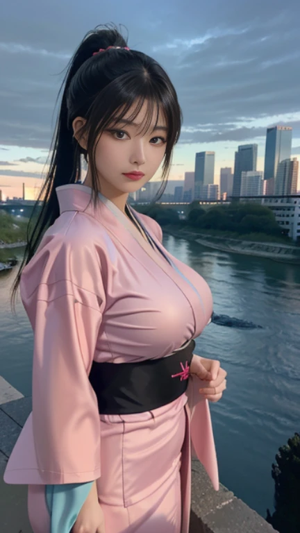 play sports often, ponytail、(kimono:1.4)、 No panties, (Cyberpunk settings: 1.2), compensate,, (1 girl: 1.4), highest quality, masterpiece, (reality: 1.2), young woman, lady, detailed face, fine eyes, fine hair, fine skin, looking at the viewer, dramatic, vibrant, sharp focus, 50mm, f1.2, EOS R8, (3/4 body: 1.2), Overall image, (With the river in the background: 1.6), (highest qualityの詳細: 1.2), 8K HD,(huge breasts:1.8)、