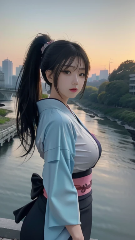 play sports often, ponytail、(kimono:1.4)、 No panties, (Cyberpunk settings: 1.2), compensate,, (1 girl: 1.4), highest quality, masterpiece, (reality: 1.2), young woman, lady, detailed face, fine eyes, fine hair, fine skin, looking at the viewer, dramatic, vibrant, sharp focus, 50mm, f1.2, EOS R8, (3/4 body: 1.2), Overall image, (With the river in the background: 1.6), (highest qualityの詳細: 1.2), 8K HD,(huge breasts:1.8)、