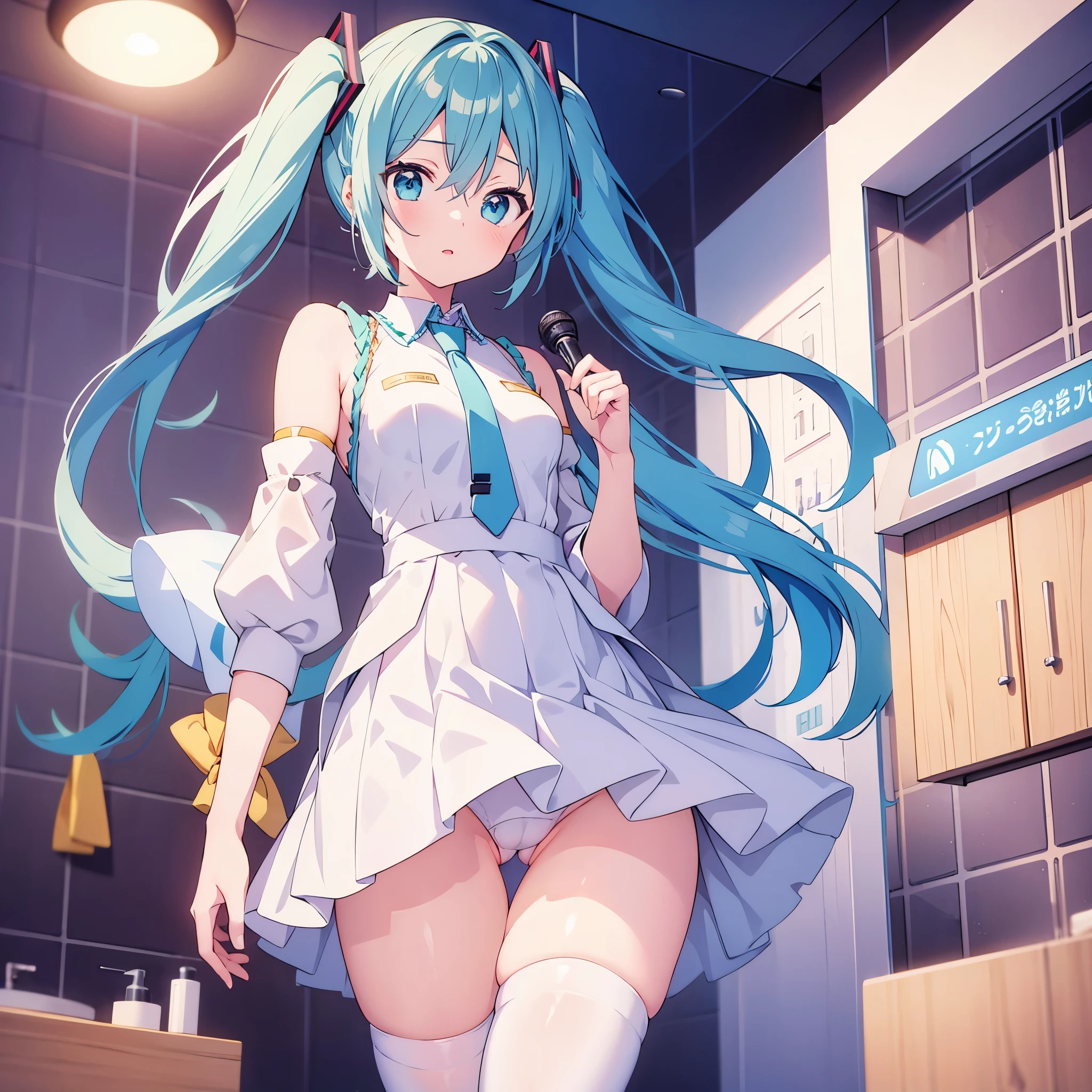 1girl,miku,Vocaloid,portrait,clearly,detailed,transparent clothes,lift up skirt,camel toe,white knee socks,in the bathroom