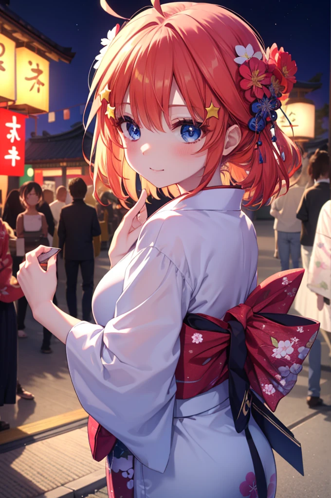 Satsuki Nakano, Itsuki Nakano, bangs, blue eyes, hair between eyes, Ahoge, redhead, star \(symbol\), hair ornaments, star hair ornaments,tying back hair,Red floral pattern yukata,long skirt,smile,Zori sandals,A girl in a yukata enjoying a festival,japanese festival,Summer Festival Stalls、break the red lantern (masterpiece:1.2), highest quality, High resolution, unity 8k wallpaper, (figure:0.8), (beautiful and fine eyes:1.6), highly detailed face, perfect lighting, Very detailed CG, (perfect hands, perfect anatomy),