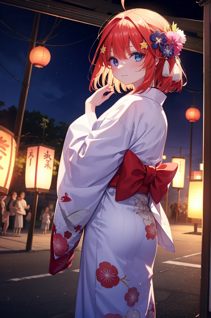 Satsuki Nakano, Itsuki Nakano, bangs, blue eyes, hair between eyes, Ahoge, redhead, star \(symbol\), hair ornaments, star hair ornaments,tying back hair,Red floral pattern yukata,long skirt,smile,Zori sandals,A girl in a yukata enjoying a festival，japanese festival，Summer Festival Stalls、break the red lantern (masterpiece:1.2), highest quality, High resolution, unity 8k wallpaper, (figure:0.8), (beautiful and fine eyes:1.6), highly detailed face, perfect lighting, Very detailed CG, (perfect hands, perfect anatomy),