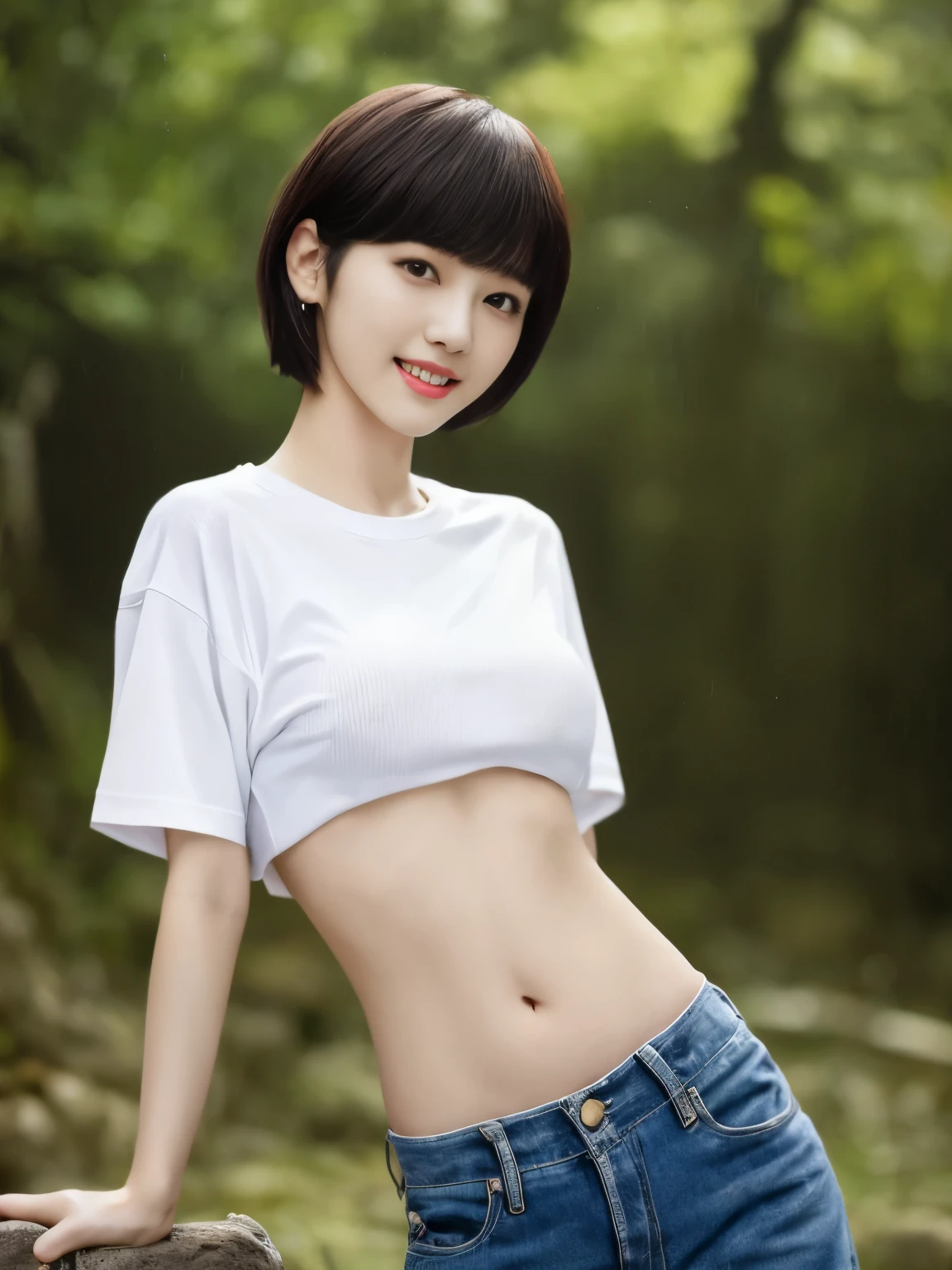 top-quality,masterpiece,Raw photography,8K,Top image quality,hight resolution, 18 years old Japanese female idol ,Beautuful Women,cute Japanese girls, lying,on_side,Pretty Woman ,Beautiful face in every detail, aegyo sal ,small head, seductive smile ,Realistic human skin, pale skin ,cut model , Short hair ,bowl cut ,skinny body ,pale skin,Sweat, t-shirts, shirt lift ,rib ,(low rise pants,from side, put one's hand inside one's clothes ), navel focus, arched back, contrapposto ,rain ,dimly lit