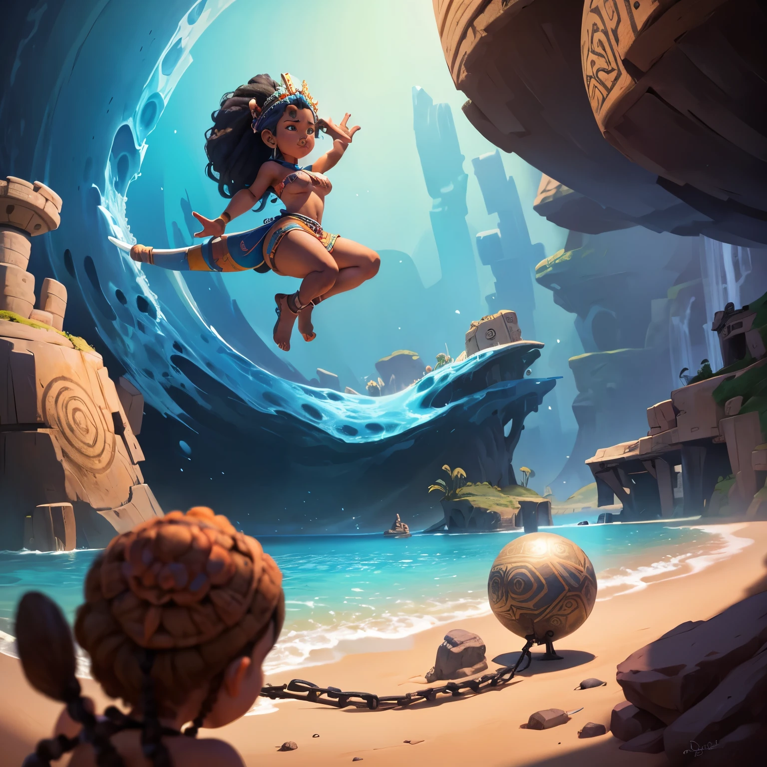 Mayan girl nude aztec, front view, disney pixar style, rotated, stylized