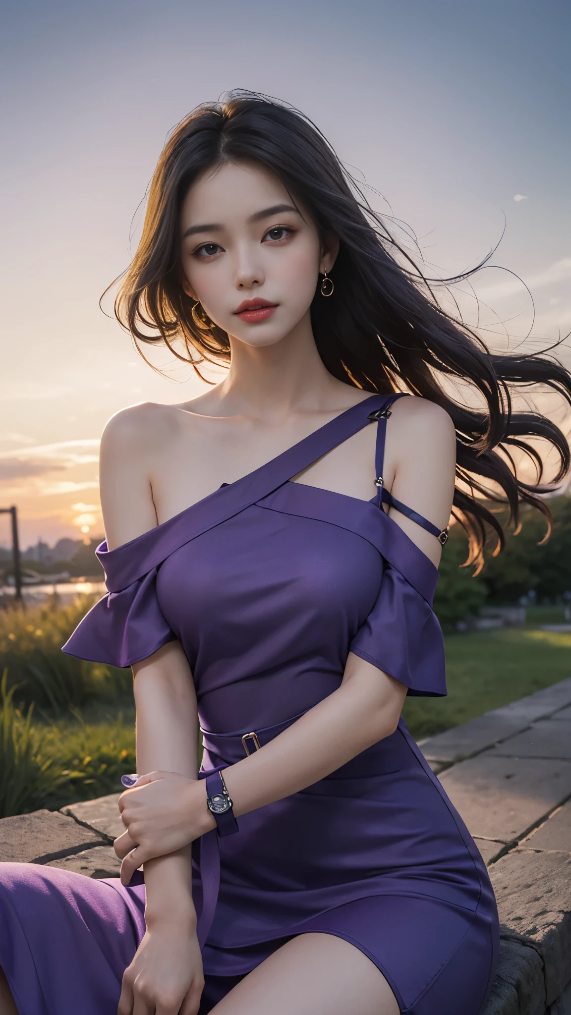 8k, masterpiece, 1 girl, beautiful face, very long hair, light makeup, detailed eyes, detailed lips, ((medium Curved figure)), (simple dress:1.4), ((purple dress)), (wearing jewellery), (strap:1.4), (bare shoulder:1.4), in the park, sunset, evening, blowing wind, hair spreading, sitting,