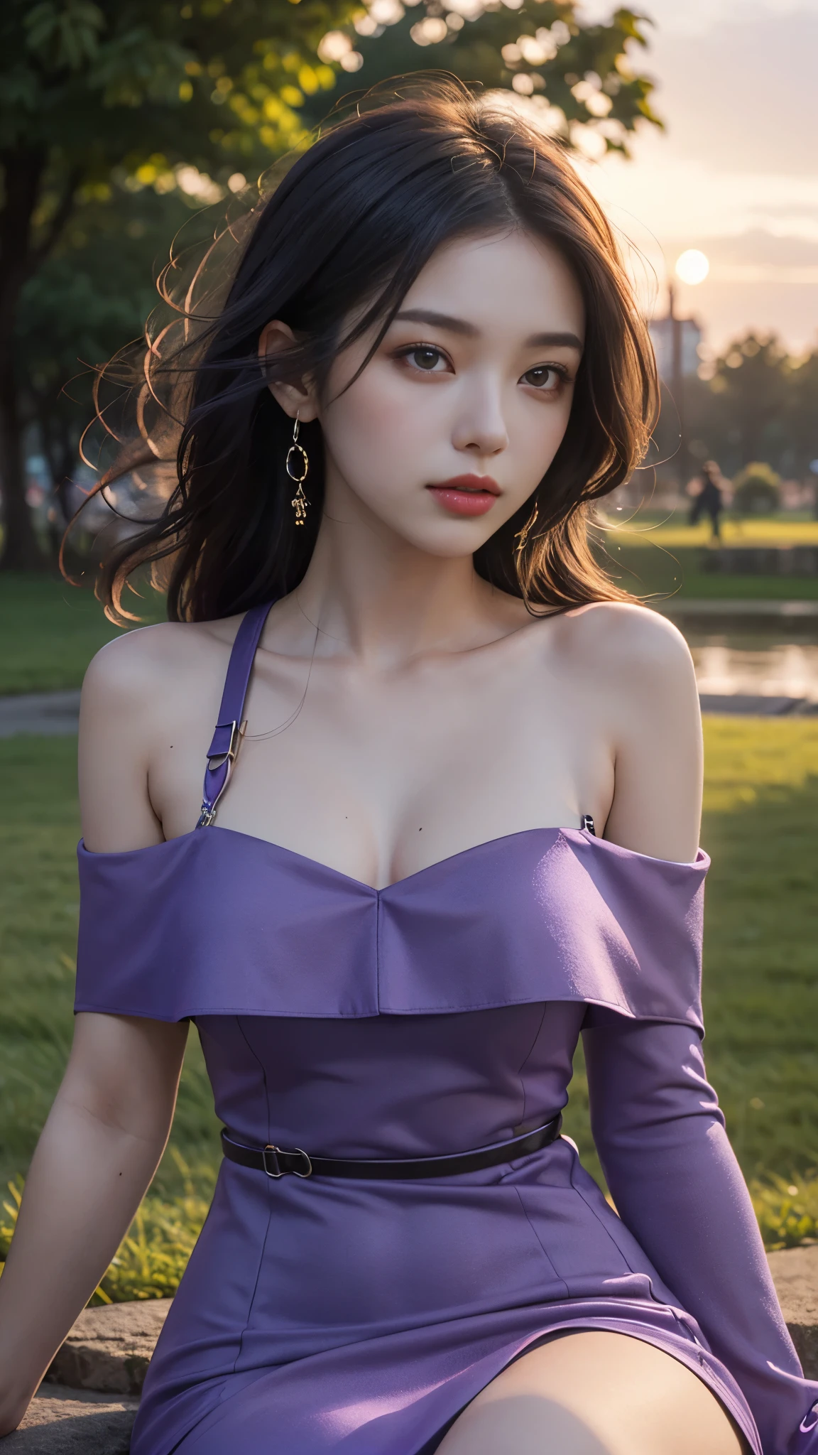 ((best quality)), ((masterpiece)), (detailed), 1 girl, good face, ultra long hair, purple hair, impressive hairstyle, small breasts, (wet body:1), (purple lace dress)), (net lace:1.5), (transparent lace:1), (wearing jewellery:1.5), disney castle background, (rainy weather:1.5),