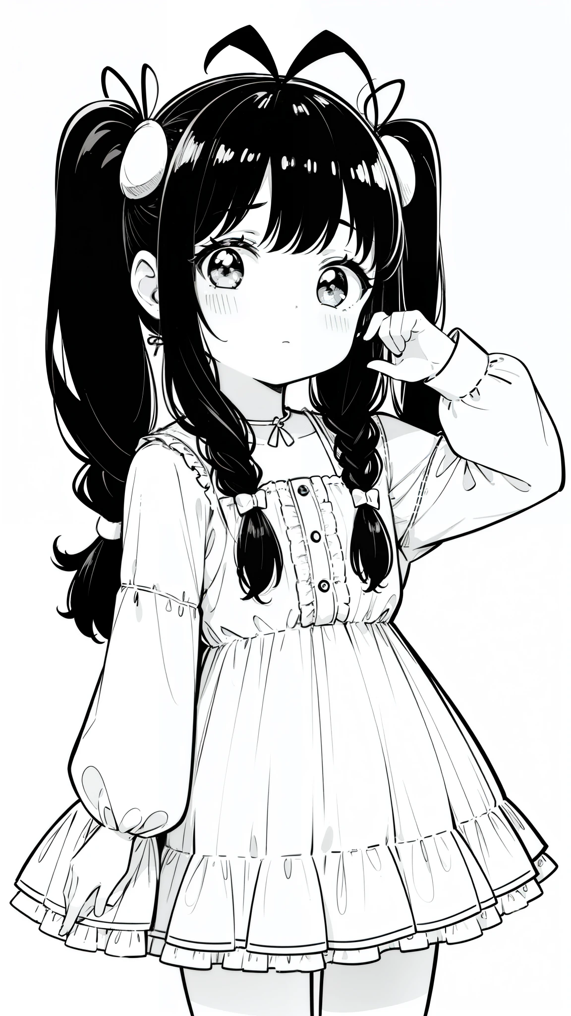 1 girl,,shy,blush,black hair,twintail hair,(((hair 2antennas))),whote dress,(white background, line drawing),cowboy shot