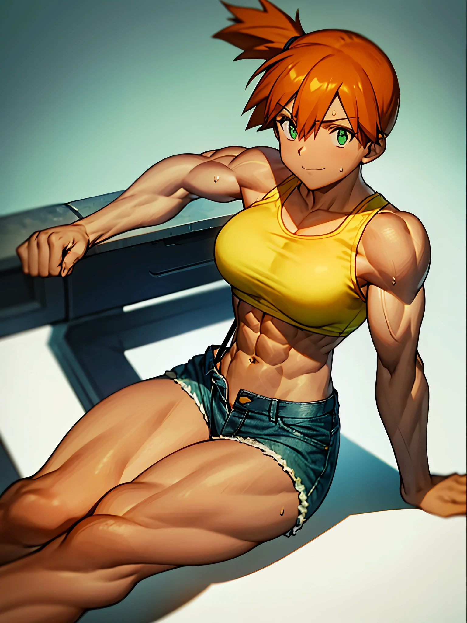 best quality,ultra-detailed,misty, 1girl, breasts, looking_at_viewer, short_hair, closed_mouth, bangs, navel, hair_between_eyes, bare_shoulders, sitting, green_eyes, full_body, sleeveless, midriff, orange_hair, side_ponytail, crop_top, looking_to_the_side, eyelashes, bare_legs, sleeveless_shirt, leaning_forward, arm_support, suspenders, tank_top, denim_shorts, yellow_shirt, hair_tie, green_shorts, suspender_shorts, yellow_tank_top,strong,confident,muscular female bodybuilder,fit and toned physique,strong defined muscles,sweating and exerting power, smile(flexing biceps and triceps),lean and ripped abs,bulging veins,strong and powerful legs,fierce determination and focus,intense workout,heavy weightlifting,athletic apparel and gear,fitness studio,professional lighting,sharp contrast and shadows,vibrant colors,high energy and intensity,inspiring and empowering,sculpted body,inspiring others,dedication and discipline,healthy lifestyle,the epitome of strength and empowerment.