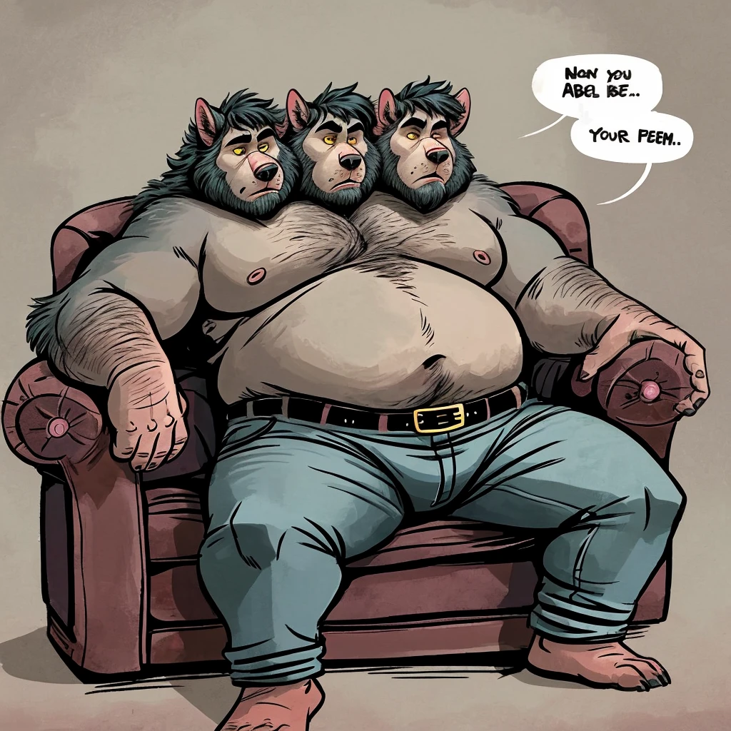 (solo), three headed wolf, adult male, ((masculine, detailed eyes)), by dramamine:1.3, by Disney, obese, gray background, shirtless, navel, jeans, belt, speech bubbles:1.5, correct hands, ultradetailed, natural pose, ((bored, frowning)), beard, sitting in recliner, yellow eyes