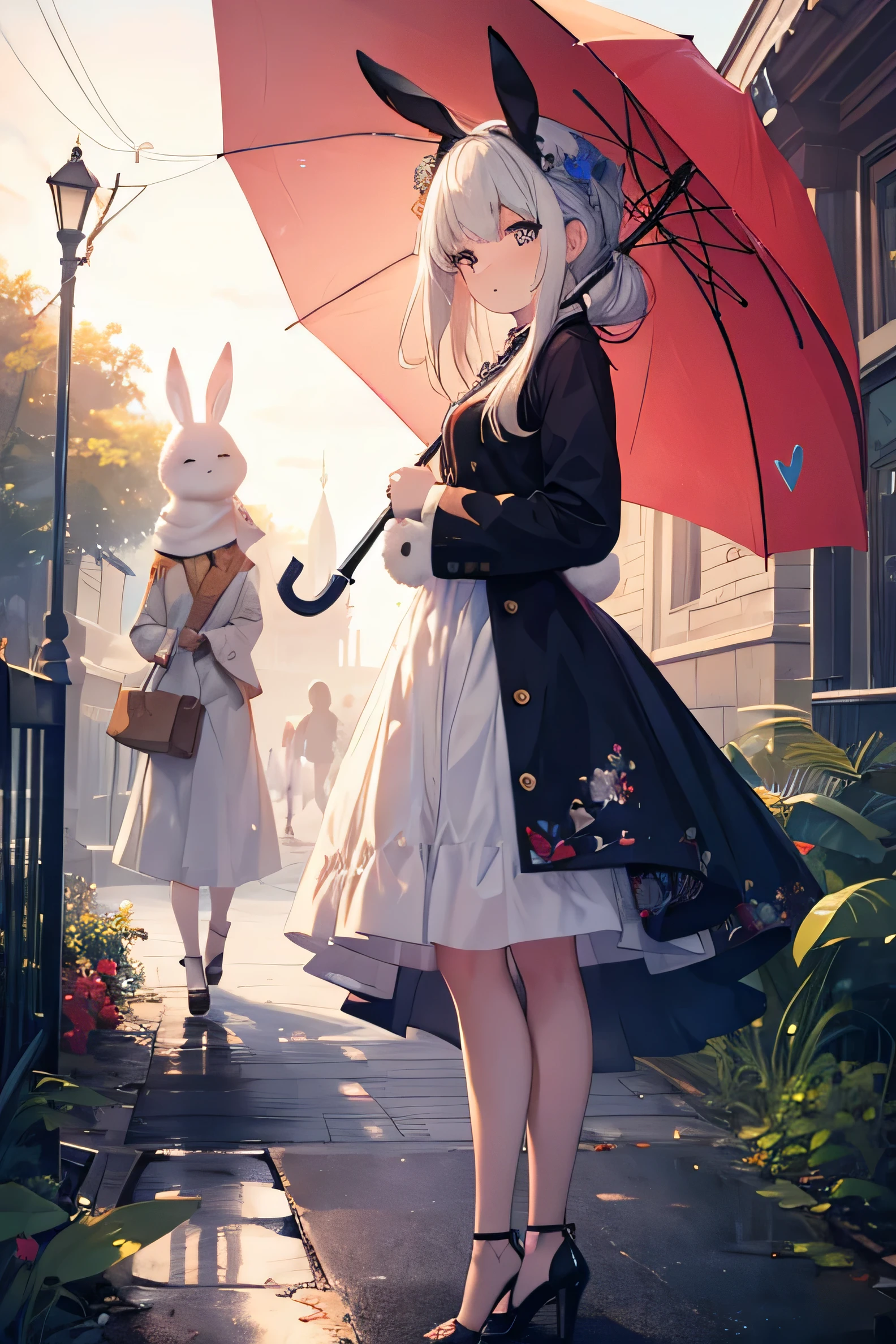 girl, full body ,facing sideways, holding an umbrella, right hand holding a rabbit, rabbit and woman's noses touching each other