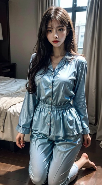(enrich the image,masterpiece quality)Beautiful 8K CG artwork,Goddess-like posture,Kneeling exercise,slim and soft,transparent skin,Hair with elements of 5 colors、aesthetic appearance of very long and untidy hair,,,The skin is white and juicy,Big JK Uniform,perspective part 1.2x enhanced silhouette effect,Exquisite sheer blues pattern pajamas,The details are intricate and exquisite,The background is a little blurry,Seductive and greedy beautiful legs temptation,Drool,Extra large big,