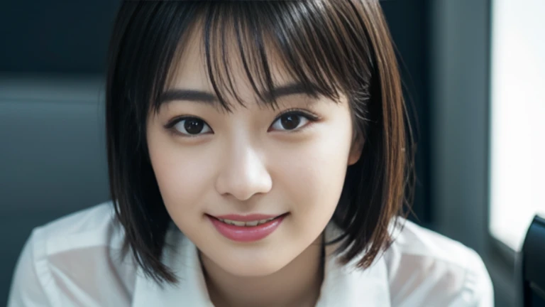 surrealism、highest resolution、8k wallpaper、very detailed、best illustration、beautiful and delicate eyes、top quality、very detailed、masterpiece、detailed face、solo、1 woman、Looking at the viewer、detailed face、nigth in the dark、smile、Short hair、Straight hair、Wearing a neat office shirt, slightly anxious expression