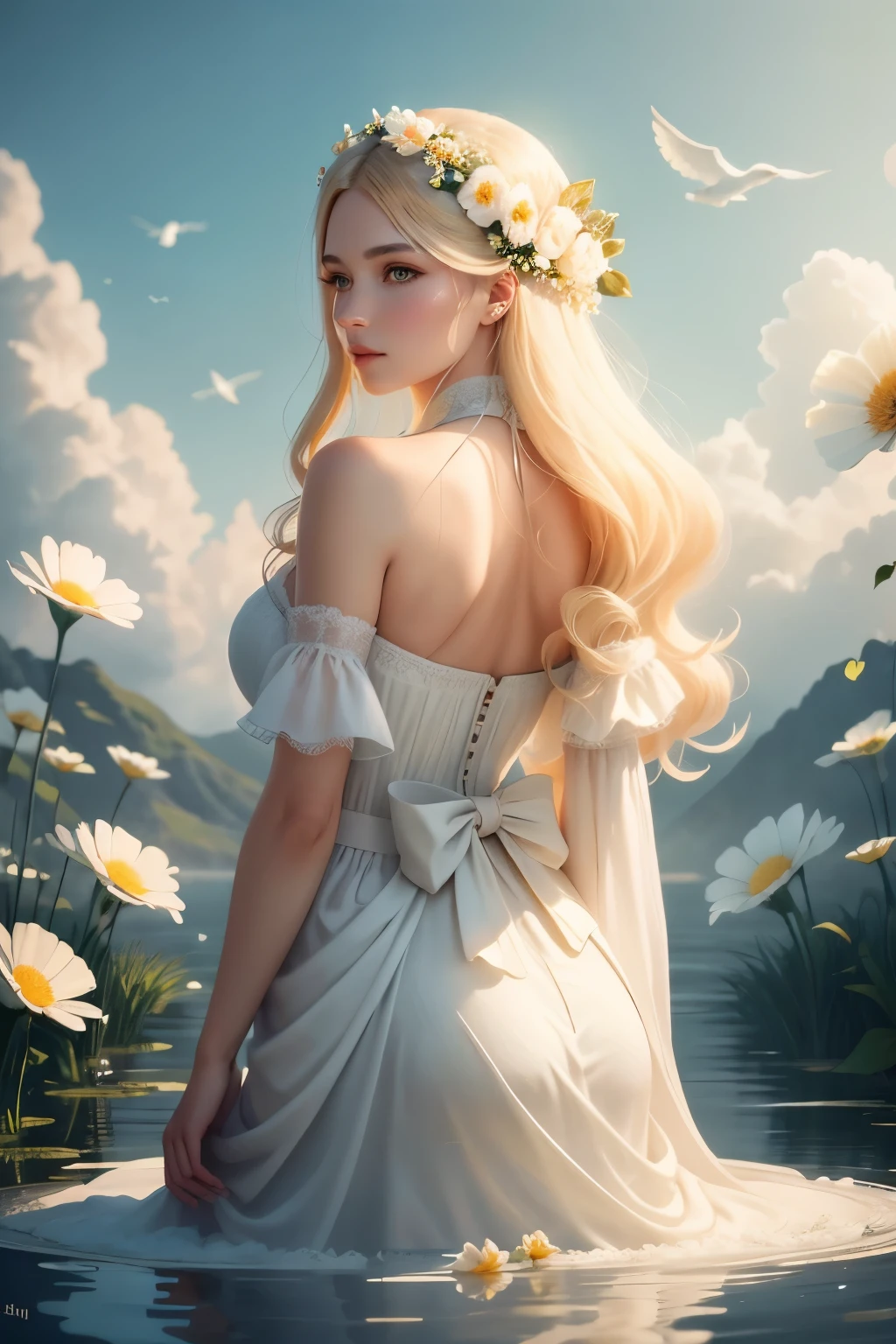 Flowers like castles from a golden spring tower over a beautiful Lady fare, in the spring of eternal youth she bathes her alabaster form to a symphony of trumpeter swans they fly in a sunbeam sky of assure and cotton cloud an extreme 90 meters long shot octane render, high quality hyperdetailed 24k photorealistic