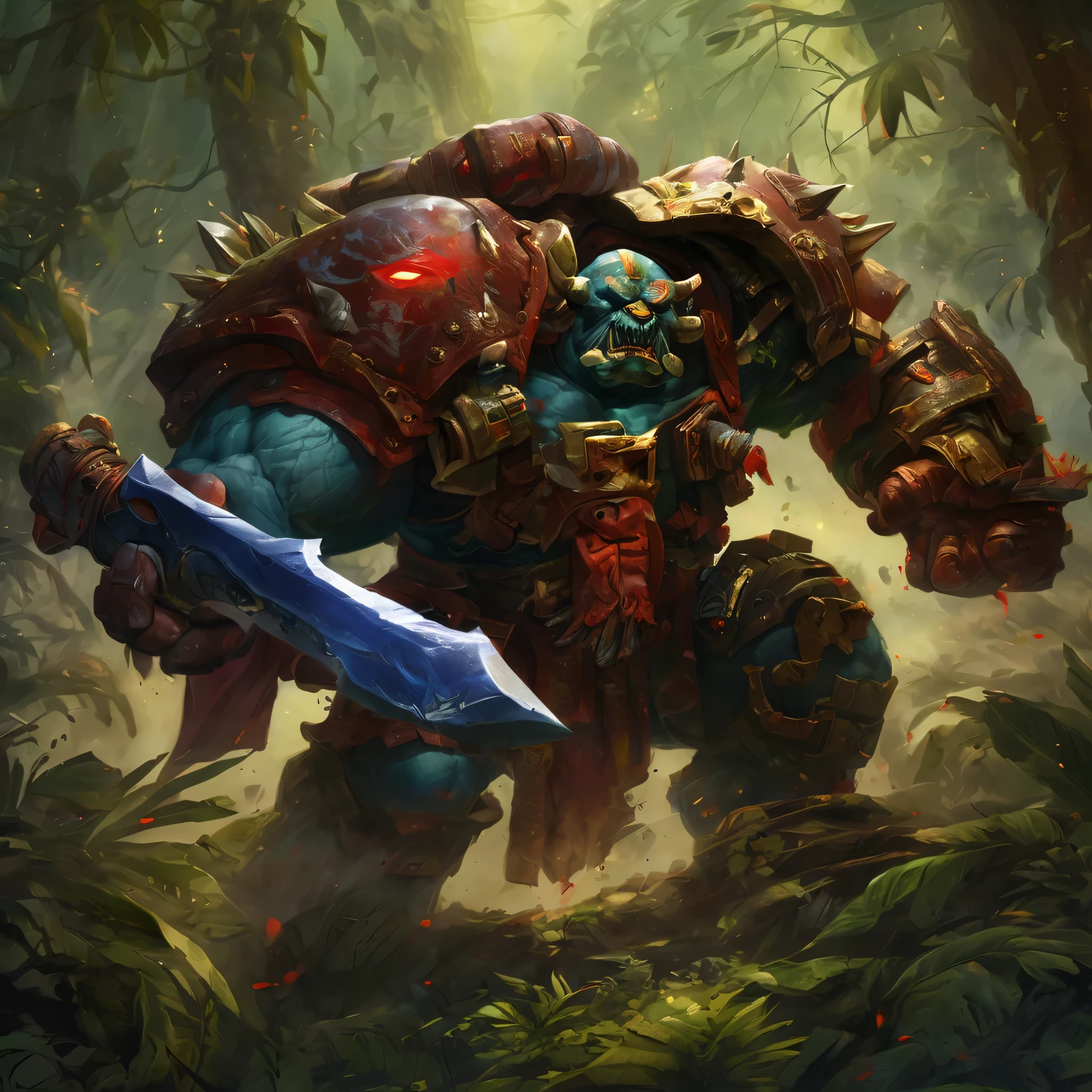 (battered,battle-hardened) Space Marine wielding a (powerful,sharp) chainsword, locked in an intense duel with a (formidable,fierce) Orc Warboss, who wields a (massive,brutal) greataxe on a (lush,overgrown) jungle battlefield. The Space Marine's (bulky,imposing) power armor shows signs of wear and tear, with (scratches,scuffs) and (battle scars,dents) indicating past battles. The Orc Warboss is characterized by his (enormous,ripped) muscular physique and (ferocious,barbaric) appearance, adorned with (tattoos,ritualistic markings), symbolic of his dominance. The jungle around them is filled with (dense,foliage), towering trees, and colorful (exotic,flora) that add depth and richness to the scene. The (piercing,intense) gaze from the Space Marine's (steel-blue,unyielding) eyes and the (menacing,glowing) red eyes of the Orc Warboss showcase their determination and lethal intent. The atmosphere is charged with suspense, as rays of sunlight pierce through the leaves, casting dramatic shadows on the combatants. The lighting highlights the (contrasting,clashing) colors of the scene, emphasizing the (gritty,dark) tone of the battle. The overall image quality is of (best quality,4k,8k,highres,masterpiece:1.2), with ultra-detailed depiction of the characters, landscape, and the intricate details of their respective weaponry. The prompt is designed to evoke a sense of epicness and intense action within the Warhammer 40k universe, showcasing the clash between two formidable warriors.