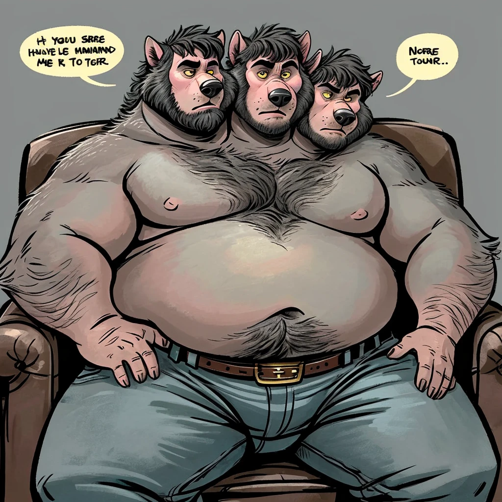 (solo), (three headed wolf), adult male, ((masculine, detailed eyes)), by dramamine:1.3, by Disney, obese, gray background, shirtless, navel, jeans, belt, speech bubbles:1.5, correct hands, ultradetailed, natural pose, ((bored, frowning)), beard, sitting in recliner, yellow eyes