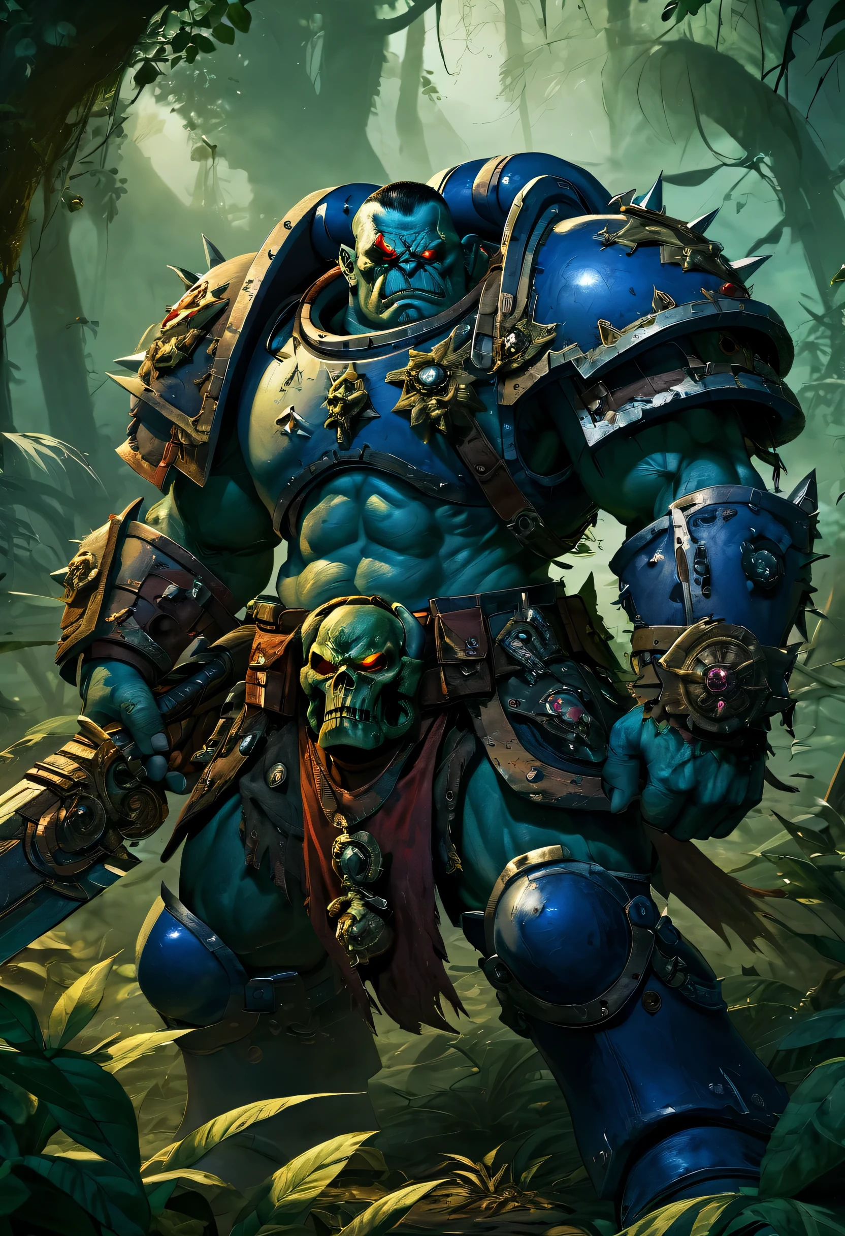 (battered,battle-hardened) Space Marine wielding a (powerful,sharp) chainsword, locked in an intense duel with a (formidable,fierce) Orc Warboss, who wields a (massive,brutal) greataxe on a (lush,overgrown) jungle battlefield. The Space Marine's (bulky,imposing) power armor shows signs of wear and tear, with (scratches,scuffs) and (battle scars,dents) indicating past battles. The Orc Warboss is characterized by his (enormous,ripped) muscular physique and (ferocious,barbaric) appearance, adorned with (tattoos,ritualistic markings), symbolic of his dominance. The jungle around them is filled with (dense,foliage), towering trees, and colorful (exotic,flora) that add depth and richness to the scene. The (piercing,intense) gaze from the Space Marine's (steel-blue,unyielding) eyes and the (menacing,glowing) red eyes of the Orc Warboss showcase their determination and lethal intent. The atmosphere is charged with suspense, as rays of sunlight pierce through the leaves, casting dramatic shadows on the combatants. The lighting highlights the (contrasting,clashing) colors of the scene, emphasizing the (gritty,dark) tone of the battle. The overall image quality is of (best quality,4k,8k,highres,masterpiece:1.2), with ultra-detailed depiction of the characters, landscape, and the intricate details of their respective weaponry. The prompt is designed to evoke a sense of epicness and intense action within the Warhammer 40k universe, showcasing the clash between two formidable warriors.