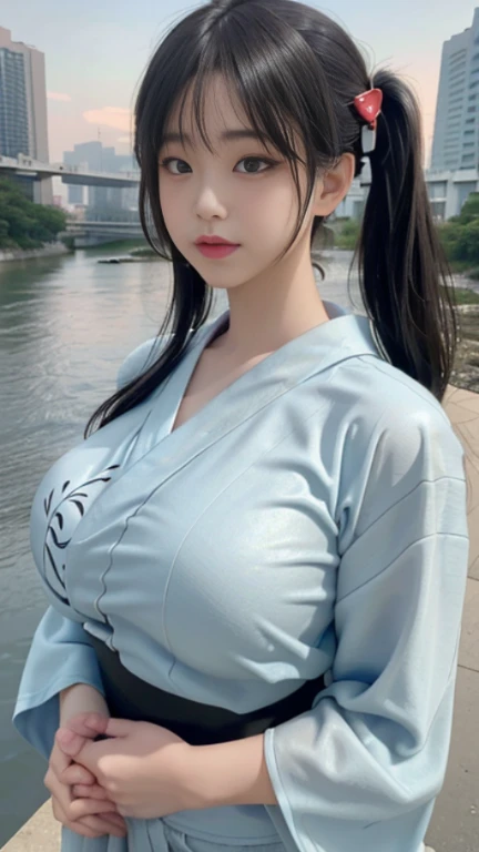 play sports often, twin tails、(Patterned yukata:1.4)、 No panties, (Cyberpunk settings: 1.2), compensate,, (1 girl: 1.4), highest quality, masterpiece, (reality: 1.2), young woman, lady, detailed face, fine eyes, fine hair, fine skin, looking at the viewer, dramatic, vibrant, sharp focus, 50mm, f1.2, EOS R8, (3/4 body: 1.2), Overall image, (With the river in the background: 1.6), (highest qualityの詳細: 1.2), 8K HD,(huge breasts:1.8)、