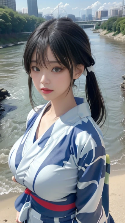 play sports often, twin tails、(Patterned yukata:1.4)、 No panties, (Cyberpunk settings: 1.2), compensate,, (1 girl: 1.4), highest quality, masterpiece, (reality: 1.2), young woman, lady, detailed face, fine eyes, fine hair, fine skin, looking at the viewer, dramatic, vibrant, sharp focus, 50mm, f1.2, EOS R8, (3/4 body: 1.2), Overall image, (With the river in the background: 1.6), (highest qualityの詳細: 1.2), 8K HD,(huge breasts:1.8)、