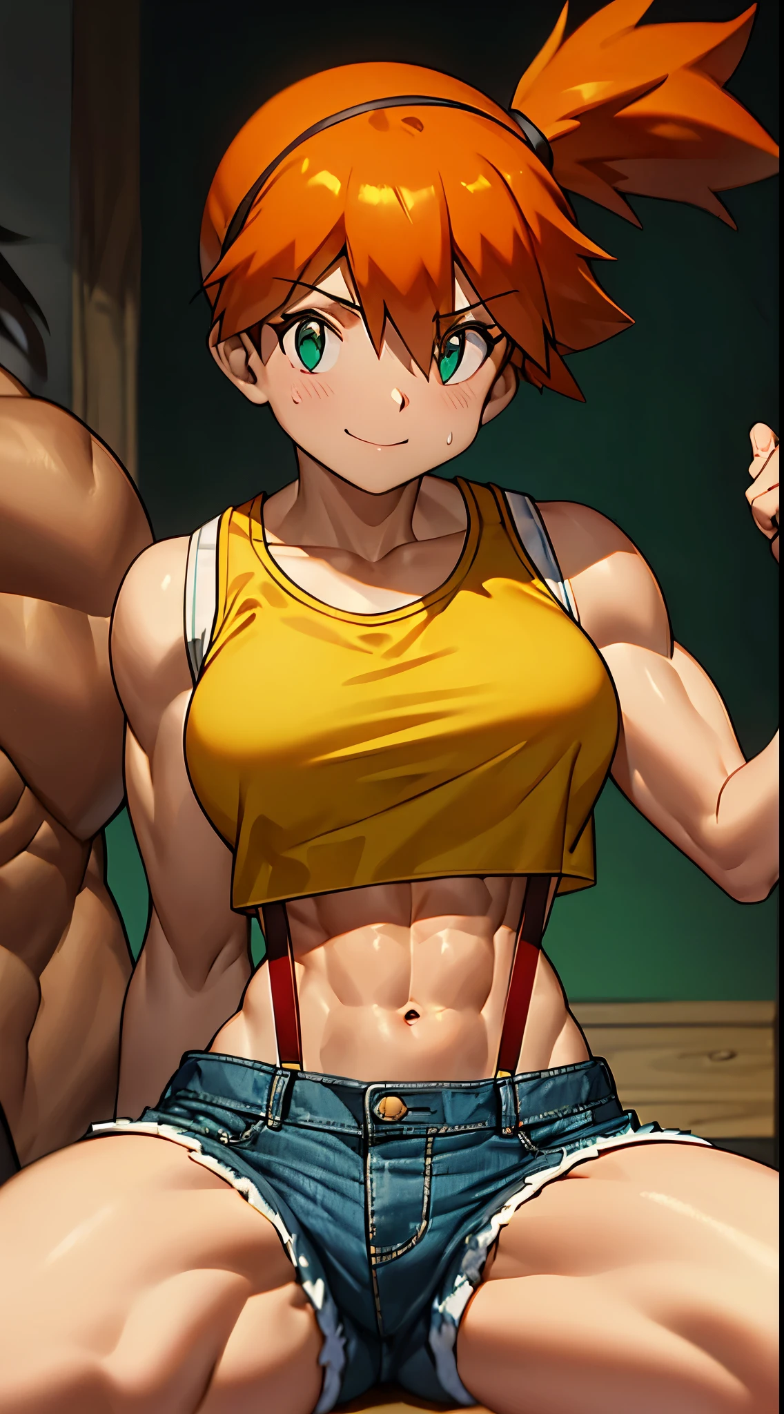 best quality,ultra-detailed,misty, 1girl, breasts, looking_at_viewer, short_hair, closed_mouth, bangs, navel, hair_between_eyes, bare_shoulders, sitting, green_eyes, full_body, sleeveless, midriff, orange_hair, side_ponytail, crop_top, looking_to_the_side, eyelashes, bare_legs, sleeveless_shirt, leaning_forward, arm_support, suspenders, tank_top, denim_shorts, yellow_shirt, hair_tie, green_shorts, suspender_shorts, yellow_tank_top,strong,confident,muscular female bodybuilder,fit and toned physique,strong defined muscles,sweating and exerting power, smile(flexing biceps and triceps),lean and ripped abs,bulging veins,strong and powerful legs,fierce determination and focus,intense workout,heavy weightlifting,athletic apparel and gear,fitness studio,professional lighting,sharp contrast and shadows,vibrant colors,high energy and intensity,inspiring and empowering,sculpted body,inspiring others,dedication and discipline,healthy lifestyle,the epitome of strength and empowerment.