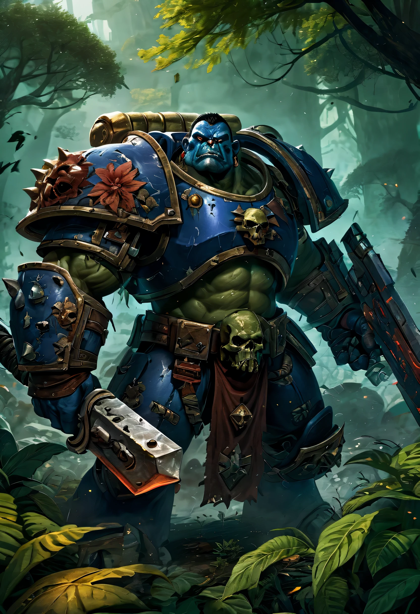 (battered,battle-hardened) Space Marine wielding a (powerful,sharp) chainsword, locked in an intense duel with a (formidable,fierce) Orc Warboss, who wields a (massive,brutal) greataxe on a (lush,overgrown) jungle battlefield. The Space Marine's (bulky,imposing) power armor shows signs of wear and tear, with (scratches,scuffs) and (battle scars,dents) indicating past battles. The Orc Warboss is characterized by his (enormous,ripped) muscular physique and (ferocious,barbaric) appearance, adorned with (tattoos,ritualistic markings), symbolic of his dominance. The jungle around them is filled with (dense,foliage), towering trees, and colorful (exotic,flora) that add depth and richness to the scene. The (piercing,intense) gaze from the Space Marine's (steel-blue,unyielding) eyes and the (menacing,glowing) red eyes of the Orc Warboss showcase their determination and lethal intent. The atmosphere is charged with suspense, as rays of sunlight pierce through the leaves, casting dramatic shadows on the combatants. The lighting highlights the (contrasting,clashing) colors of the scene, emphasizing the (gritty,dark) tone of the battle. The overall image quality is of (best quality,4k,8k,highres,masterpiece:1.2), with ultra-detailed depiction of the characters, landscape, and the intricate details of their respective weaponry. The prompt is designed to evoke a sense of epicness and intense action within the Warhammer 40k universe, showcasing the clash between two formidable warriors.
