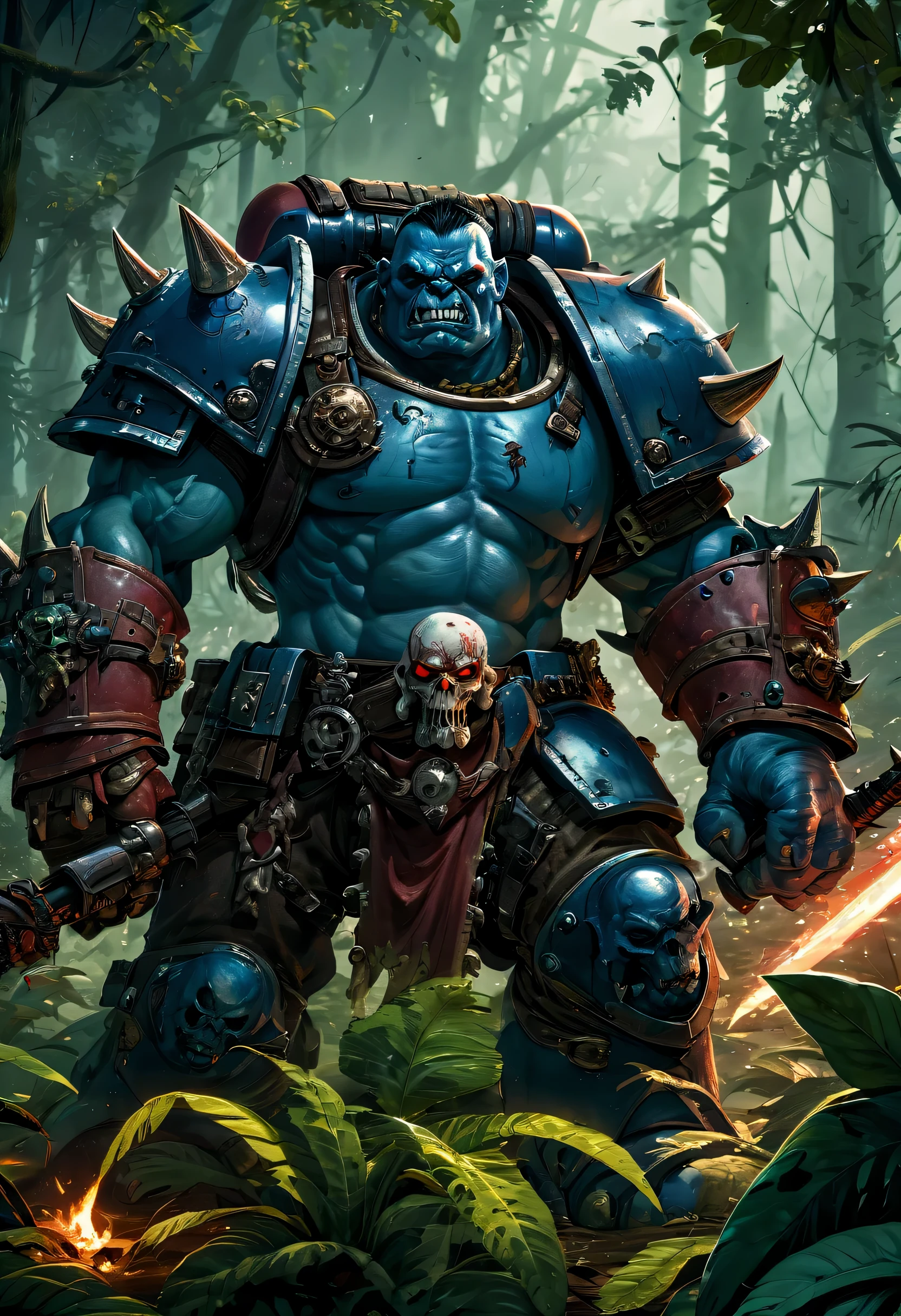 (battered,battle-hardened) Space Marine wielding a (powerful,sharp) chainsword, locked in an intense duel with a (formidable,fierce) Orc Warboss, who wields a (massive,brutal) greataxe on a (lush,overgrown) jungle battlefield. The Space Marine's (bulky,imposing) power armor shows signs of wear and tear, with (scratches,scuffs) and (battle scars,dents) indicating past battles. The Orc Warboss is characterized by his (enormous,ripped) muscular physique and (ferocious,barbaric) appearance, adorned with (tattoos,ritualistic markings), symbolic of his dominance. The jungle around them is filled with (dense,foliage), towering trees, and colorful (exotic,flora) that add depth and richness to the scene. The (piercing,intense) gaze from the Space Marine's (steel-blue,unyielding) eyes and the (menacing,glowing) red eyes of the Orc Warboss showcase their determination and lethal intent. The atmosphere is charged with suspense, as rays of sunlight pierce through the leaves, casting dramatic shadows on the combatants. The lighting highlights the (contrasting,clashing) colors of the scene, emphasizing the (gritty,dark) tone of the battle. The overall image quality is of (best quality,4k,8k,highres,masterpiece:1.2), with ultra-detailed depiction of the characters, landscape, and the intricate details of their respective weaponry. The prompt is designed to evoke a sense of epicness and intense action within the Warhammer 40k universe, showcasing the clash between two formidable warriors.