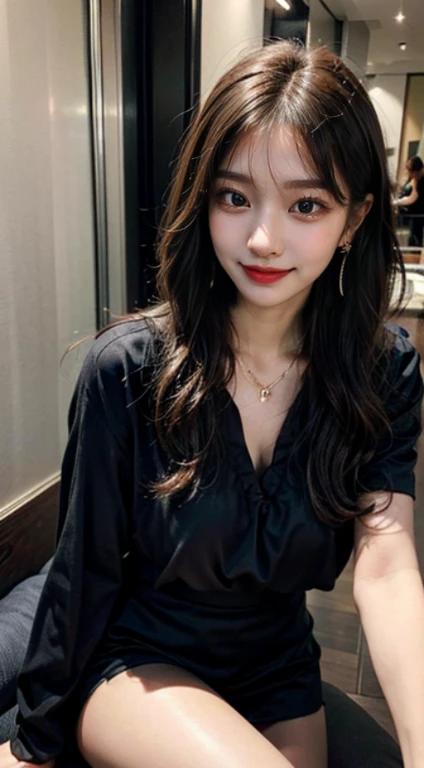 highest quality,8K, Detailed facial depiction, Detailed description of the eyes, brown hair(long wavy hair),beautiful korean girl, 21 years old,   Because I'm slender, medium ????? size, sit with ??????????, smile, Colorful earrings, necklace, Black attire