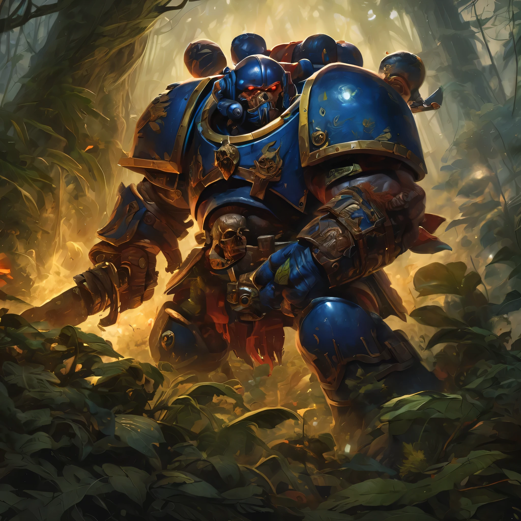 (battered,battle-hardened) Space Marine wielding a (powerful,sharp) chainsword, locked in an intense duel with a (formidable,fierce) Orc Warboss, who wields a (massive,brutal) greataxe on a (lush,overgrown) jungle battlefield. The Space Marine's (bulky,imposing) power armor shows signs of wear and tear, with (scratches,scuffs) and (battle scars,dents) indicating past battles. The Orc Warboss is characterized by his (enormous,ripped) muscular physique and (ferocious,barbaric) appearance, adorned with (tattoos,ritualistic markings), symbolic of his dominance. The jungle around them is filled with (dense,foliage), towering trees, and colorful (exotic,flora) that add depth and richness to the scene. The (piercing,intense) gaze from the Space Marine's (steel-blue,unyielding) eyes and the (menacing,glowing) red eyes of the Orc Warboss showcase their determination and lethal intent. The atmosphere is charged with suspense, as rays of sunlight pierce through the leaves, casting dramatic shadows on the combatants. The lighting highlights the (contrasting,clashing) colors of the scene, emphasizing the (gritty,dark) tone of the battle. The overall image quality is of (best quality,4k,8k,highres,masterpiece:1.2), with ultra-detailed depiction of the characters, landscape, and the intricate details of their respective weaponry. The prompt is designed to evoke a sense of epicness and intense action within the Warhammer 40k universe, showcasing the clash between two formidable warriors.
