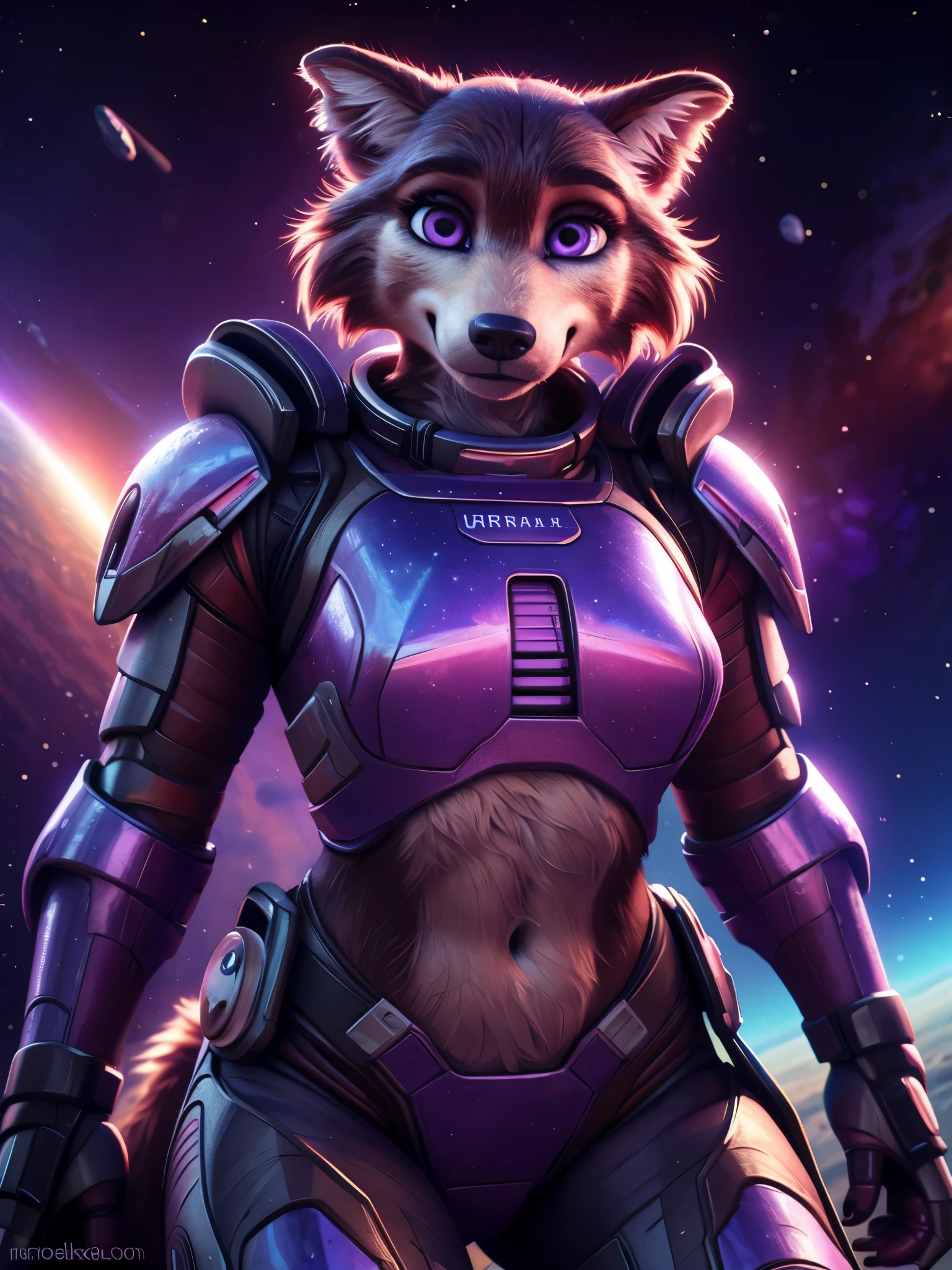 (by pixelsketcher:0.6), (by personalami :0.6), solo, furry anthro juno, female, detailed background, (cinematic lighting:1.1), (perfect focus:1.1), 8k hd, photo, (detailed eyes:1.2),depth of field, bokeh, subsurface scattering, perfect breasts, wide angle,(Space armor, red futuristic armor, neckline, navel), bright colors, (furry detail:1.3), depth of field, bokeh,alien planet, space vegetation, otherworldly background,brown fur,brown body,fur body,purple eyes,anthro wolf girl, detailed fur, fluffy fur,(short tail),(detailed pixar purple eyes:1.2),smile, seductive smile,