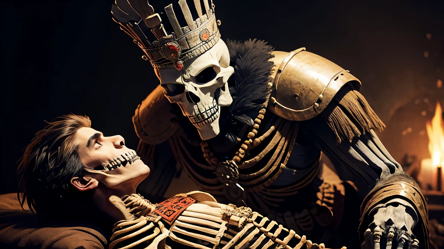 a GIANT skeleton dressed as an Aztec king eating a human