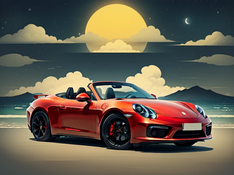 ((An illustration、flat design、print、Ukiyo-e)), (Bright red convertible Porsche),isometric, bright color vector, (Seaside city, Palm tree、boat at anchor、(Sea of night、starry skies、beach house、dark night))、You can see a big green suitcase on it..、car trip、Ichiban star、((close up of car))、paved roads、Ligneclair style、Cars and coast motifs、