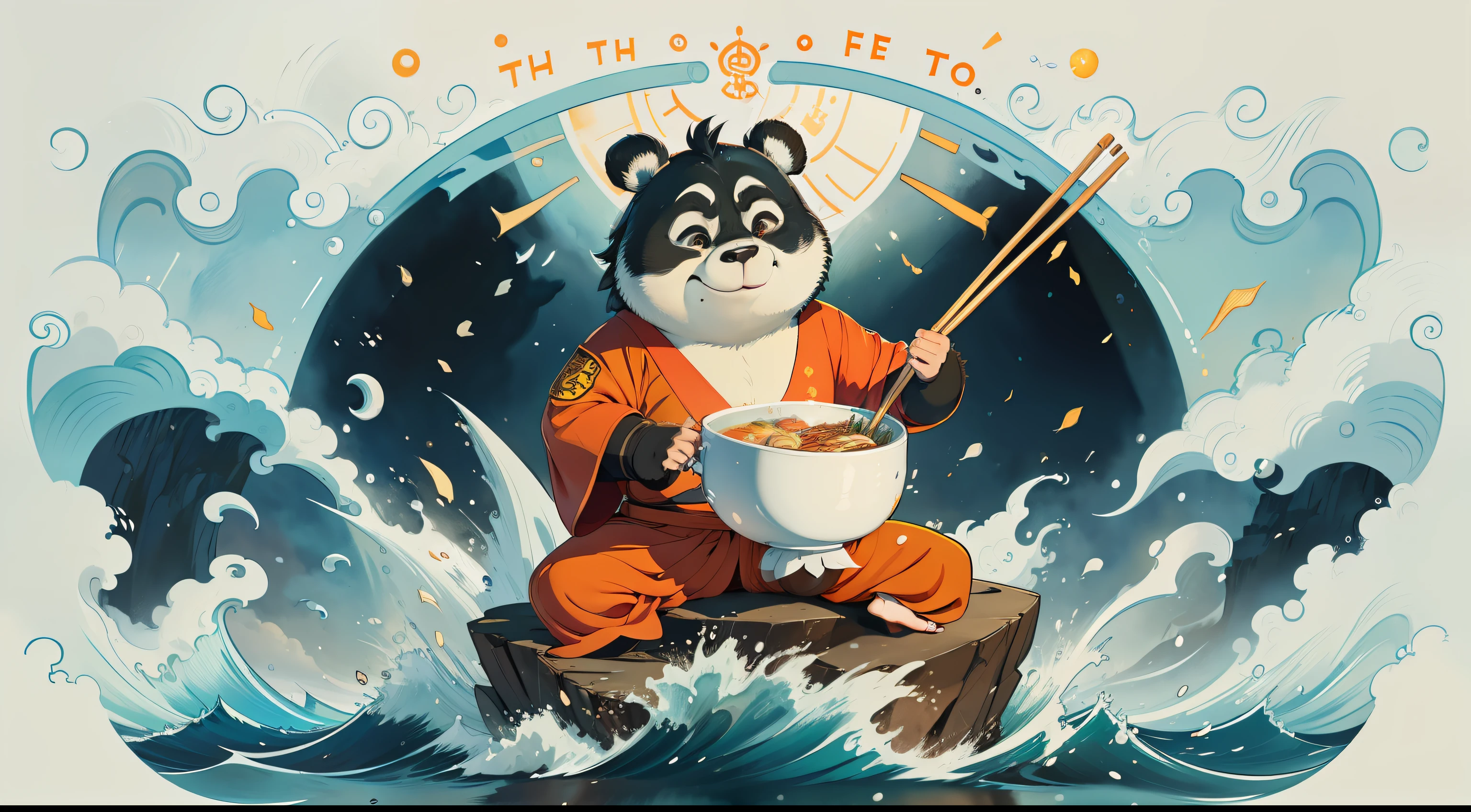 A Kung Fu Panda in a Tang suit sitting on the sea,with smile,Carrying a rice bowl,Hold chopsticks in your left hand,Rough waves in the background,Watercolor pastel ink style,The character is sitting on the left side of the screen