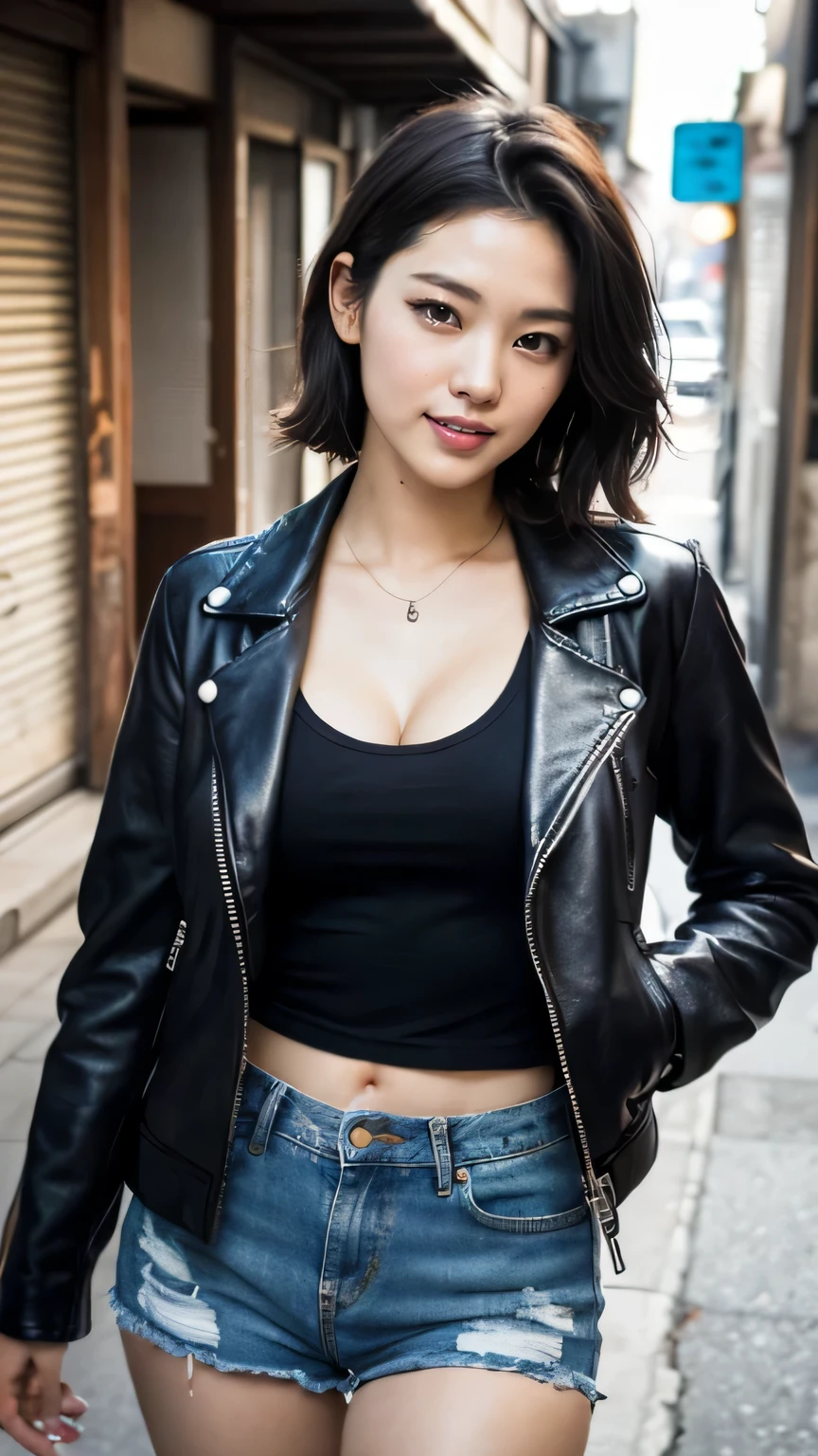masterpiece, black hair, beautiful, elegant. Ultra-fine details, masterpieces, realistic textures, realistic cinematic lighting, perfect work, 8k, HD, delicate facial features, (Image from thighs to head), large breast, smile, (Japanese idol:1.2), Edgy leather jacket with distressed denim shorts, Bold, Rocker-chic, Urban alley with graffiti, Street-style attitude,