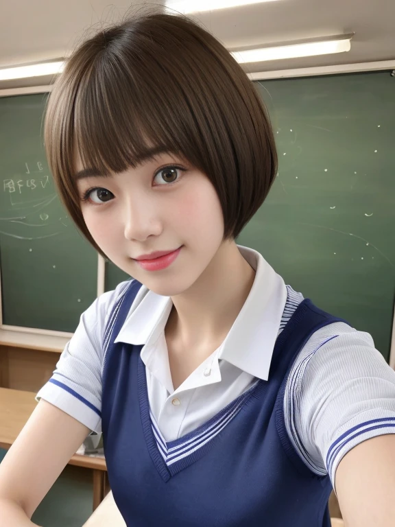top-quality,masterpiece,Raw photography,8K,Top image quality,hight resolution, 18 years old Japanese female idol ,Beautuful Women,cute Japanese girls, Pretty Woman ,Beautiful face in every detail,  ,small head, seductive smile ,Realistic human skin, pale skin ,cut model , Short hair ,bowl cut ,skinny body , school uniform , leaning forward ,put left hand on, contrapposto, school uniform, arched back, look at viewer, face focus , face closeup ,from above , selfie, dimly lit, classroom