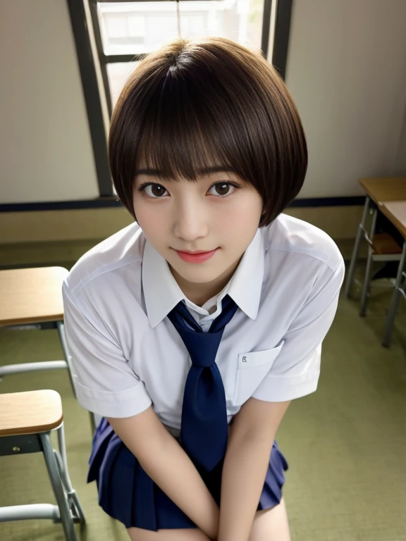 top-quality,masterpiece,Raw photography,8K,Top image quality,hight resolution, 18 years old Japanese female idol ,Beautuful Women,cute Japanese girls, Pretty Woman ,Beautiful face in every detail, ,small head, seductive smile ,Realistic human skin, pale skin ,cut model , Short hair ,bowl cut ,skinny body , school uniform , leaning forward ,put left hand on, contrapposto, school uniform, arched back, look at viewer, face focus , face closeup ,from above , selfie, dimly lit, classroom