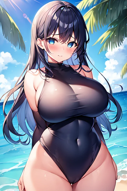 1girl, large breasts, thick thighs, wide hips, blush, blushing, wavy mouth, shy, timid, blue eyes, dark blue hair, black hair, black swimsuit, one-piece swimsuit, blue trim, light blue trim, from behind, ass