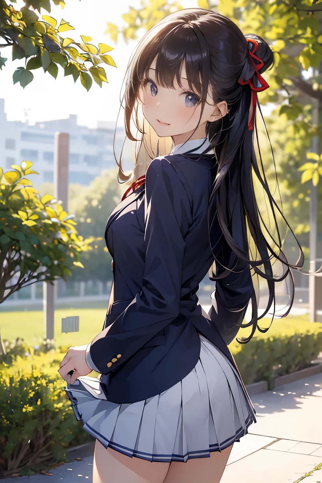 (((masterpiece)))，full body photo，(one beautiful japanese girl, innocence，cute，posterior view，look back) ，ultra high resolution, realistic, Super detailed, 8K,highest quality, very detailed, blurred background,slender body shape，small breasts，(detailed face:1.3), (Beautiful long hair fluttering in the strong wind), (baby face，cute系,Full of energy女の子), (perfect body:1.1),  ((Pink Blazer，white shirt，Red Neck Ribbon，Gray pleated kirt fluttering in the wind))，Full of energy，best smile，Pose with movement，rosy cheeks，超detailed face、detailed lips、small gravure idol，Japanese high school uniform with school emblem on the chest，transparent skin、lolita，realistic:1.37，no makeup，happy atmosphere，pastel color palette，in a sunny day，large park，happy holidays，date，happy，I feel excited