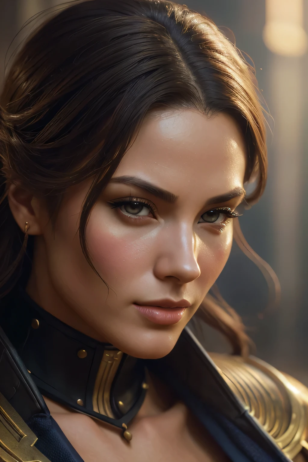 (((attractive woman))), のportrait (sks man) good impression, Street Fighter, attractive woman, Character Design, dynamic lighting, cool and bright colors, Gaston Bussière paintings, Craig Mullins, j. c. Leyendecker, Tom of Finland, masterpiece, 最high quality, high quality, High resolution, portrait、female armor、((close up of face))