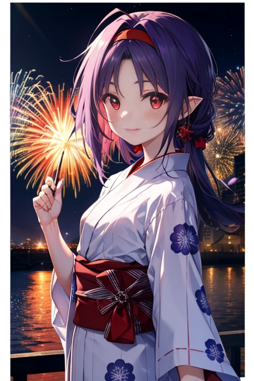 Yuuki Konno, Yuki Konno, hair band, long hair, pointed ears, purple hair, tying back hair,(red eyes:1.5), (small breasts:1.2), blush,smile,purple floral pattern yukata、long skirt,Zori ability、fireworks in the night sky、skyrocket、The place is a fireworks display、Time is night、sunny day、turn around、whole bodyがイラストに入るように
壊す looking at viewer, Upper body, whole body,
break outdoors, destroy the shrine (masterpiece:1.2), highest quality, High resolution, unity 8k wallpaper, (figure:0.8), (beautiful and fine eyes:1.6), highly detailed face, perfect lighting, Very detailed CG, (perfect hands, perfect anatomy),