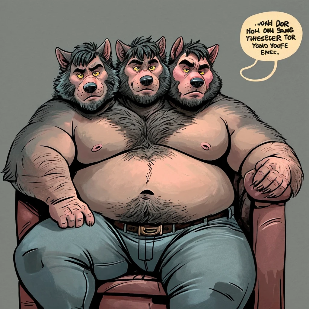(solo), (three headed wolf), adult male, ((masculine, detailed eyes)), by dramamine:1.3, by Disney, obese, gray background, shirtless, navel, jeans, belt, speech bubbles:1.5, correct hands, ultradetailed, natural pose, ((bored, frowning)), beard, sitting in recliner, yellow eyes