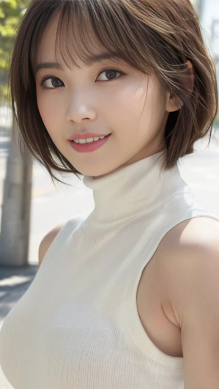 (8K, ultra high resolution, highest quality, table top:1.2)、Japanese girl raw portrait、ultra high resolution、highest quality、 (huge breasts,:1.8、｛hide all breasts:1.2｝｛Off-white shorts:1.5｝、(Wearing a white sleeveless turtleneck:1.5)、(hands to hips:1.6)、(in the street:1.2) break (natural skin texture、fine skin、hyper realism、Super sharpness)、intricate details、written boundary depth、sexy adult woman、black hair short cut、tight ass、((masterpiece、highest quality、high detail))、(Photoreal:1.4)、alone、close your mouth、smile happily、Big eyes、Clear double eyelids、eyelash、long neck、Absolute area、beautiful clavicle、perfect face、thin lips、small face、(look at the audience、eye highlights、light brown eyes、lip gloss)、(Show the whole body from the side:1.3)