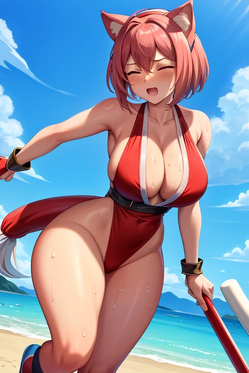 masterpiece, high resolution, best quality, beautiful art, rendered art, well formed hands, body and fingers, 1 woman, solo, Amy Rose, human form, grown up, mature woman, big breasted, cleavage, cosplaying as Mai Shiranui, alluring outfit, sexy and skimpy attire, full body, alluring figure, sexy hips, legs and thighs, ryona, in peril, she is being beaten up, reacting to pain, receiving heavy damage, she receives the impact of the attacks she gets from her opponent, she is being slammed against the sand, closed eyes, screaming in pain, sweating , weak, vulnerable, ryona and perilous scene, bouncing breasts, beach background